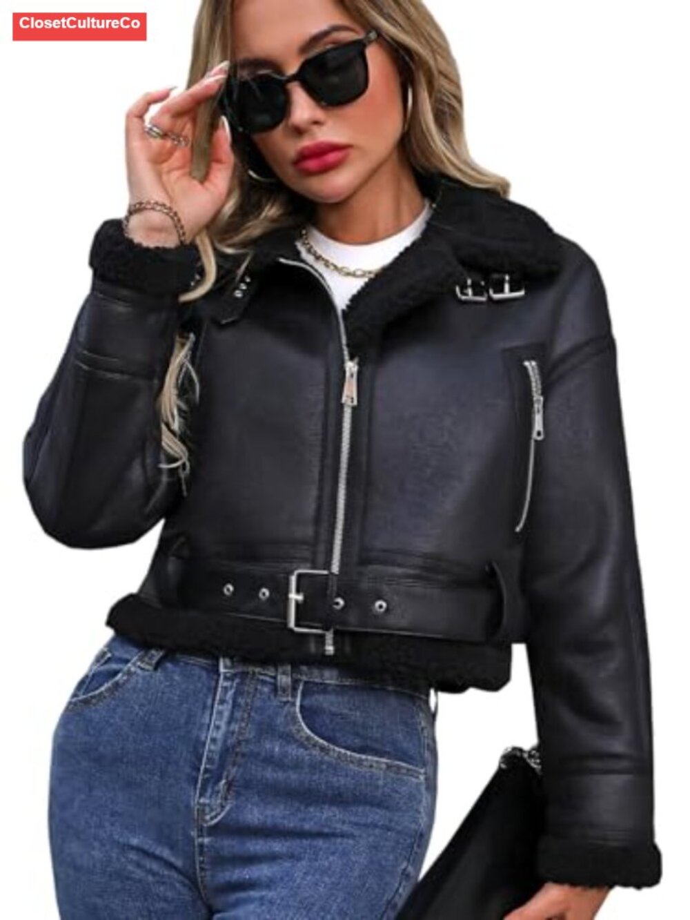 Faux Lamb Fur Leather Jacket Cropped Bomber Aviator Coat